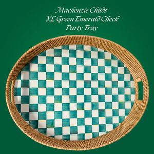 MacKenzie Childs Rattan Enamel Party Serving Tray Green Emerald Check XL Oval